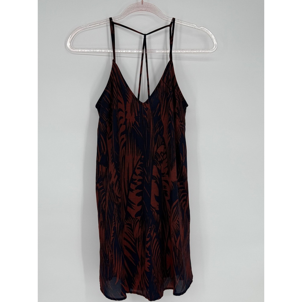 Lush Sleeveless Mini Dress Sz XS Brown Blue Palm Leaf Print Summer Casual Womens
